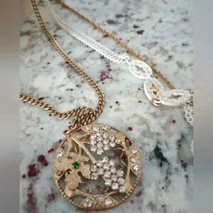 30s VINTAGE Emerald Gemstone Grapevine Triple Chain link Necklace Gold Art Deco